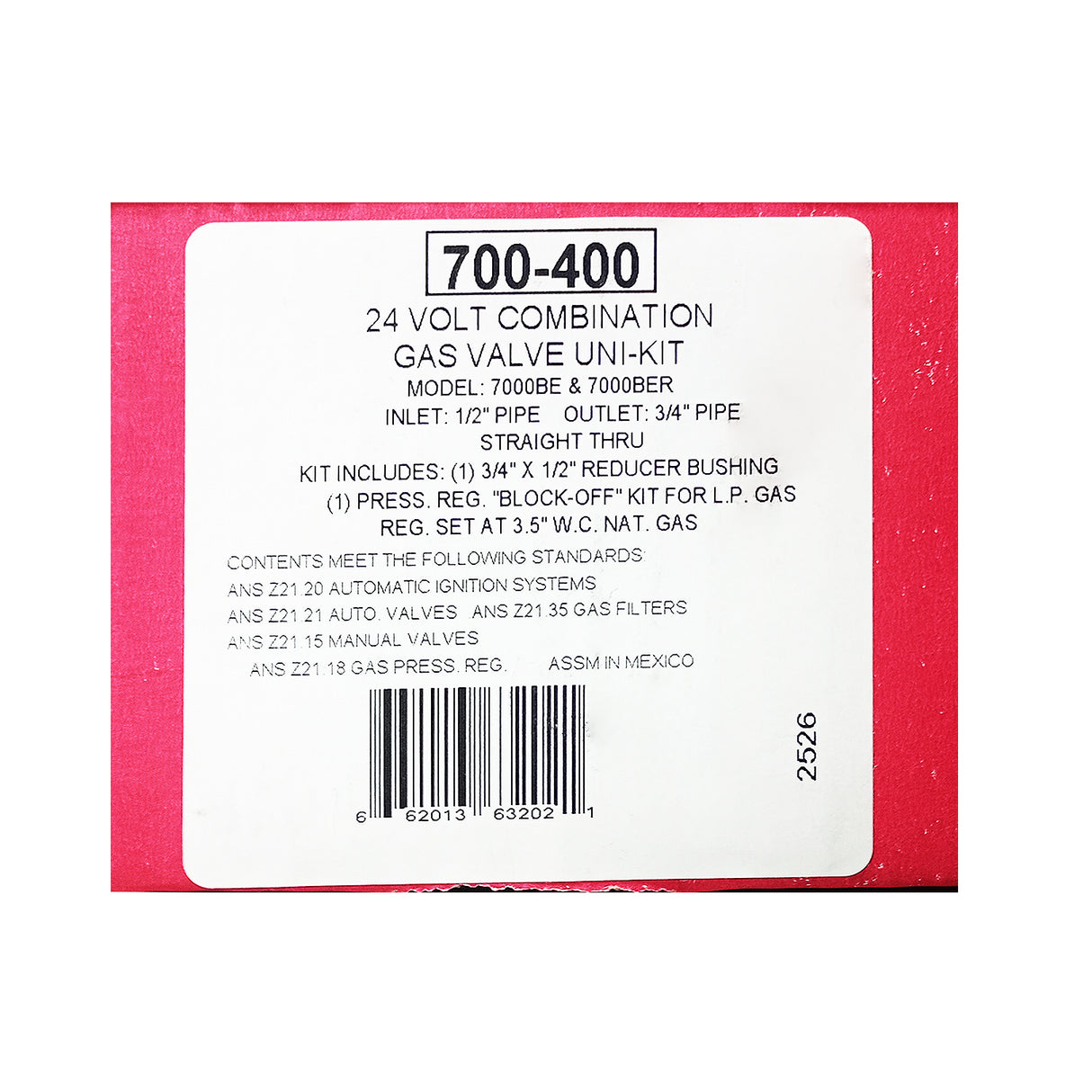 700-400 - Robertshaw - Valvula de gas combinada 1/2 x 3/4 24v, 240,000 BTU