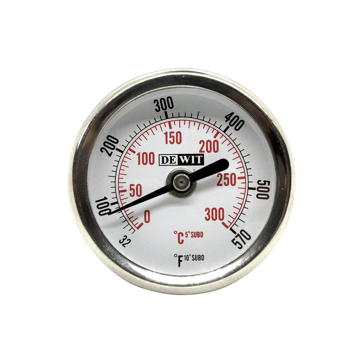 BMP2X212/300 - DeWit - Termometro bimetalico 2" bulbo de 1/4" x 2 1/2" conexión posterior 1/4" NPT, rango 0-300°c